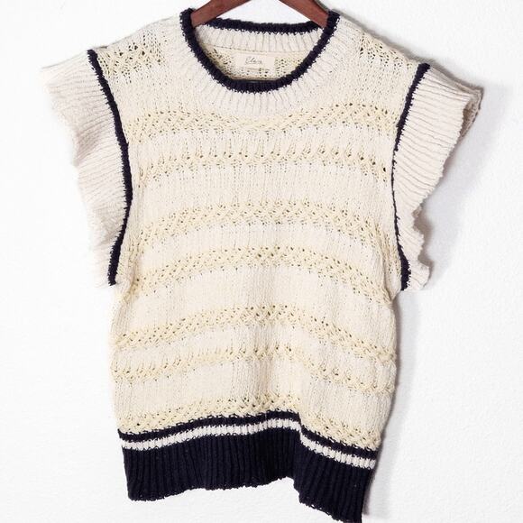 Elan Sleeveless Sweater Open Knit Cream Navy Women’s L Coastal Inspired - Picture 1 of 7